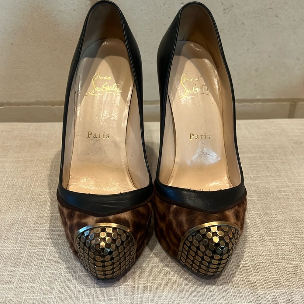 Christian Louboutin Leopard Pony Hair & Black Leather Heels – Size 36.5